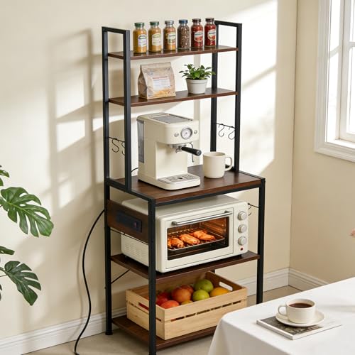 Luckyeestar 5 Tier Kitchen Bakers Rack with Power Outlet，25.2 Inch Metal Storage Shelf for Microwave, Coffee Bar, Spice Organizer, Freestanding Kitchen Cart with Hooks - size: 5-Tier 25.2 inches