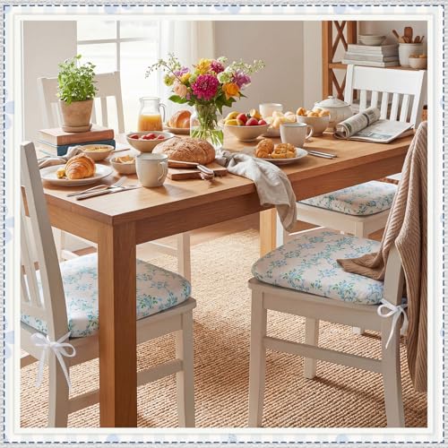 6 Pack Grandmillenial Chair Cushions for Dining Chairs 17" x 16" x 2" D-Shaped Breathable Blue and White Floral Linen Kitchen Chair Pads with Ties Washable Non Slip Seat Cushion - style: Floral