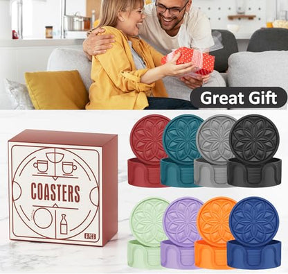HFHOME Silicone Coasters Set with Holder - 6 Pack Drink Coasters for Coffee Table, Bar Tabletop Protection - Orange - color: Orange