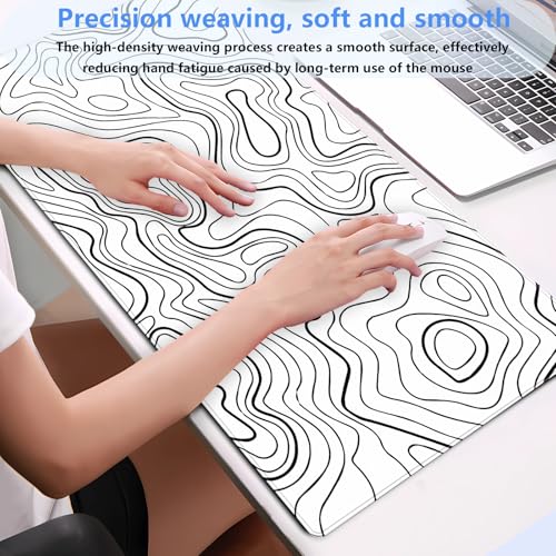 Topographic Desk Mat XL, White and Black Gaming Mouse Pad, Stitched Edges | Minimalist XL desk pad with an abstract black and white topographic print and premium anti-slip rubber backing. - color: White Topographic