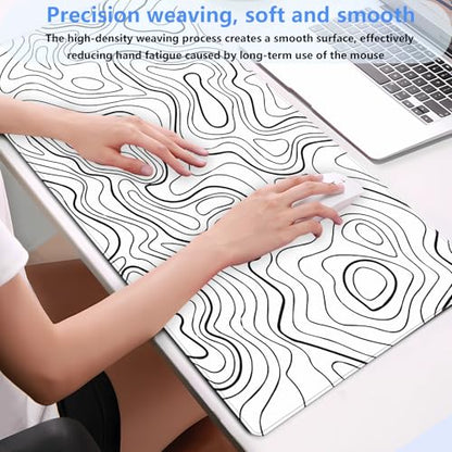 Topographic Desk Mat XL, White and Black Gaming Mouse Pad, Stitched Edges | Minimalist XL desk pad with an abstract black and white topographic print and premium anti-slip rubber backing. - color: White Topographic