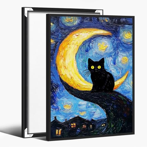 Funny Black Cat Wall Art Trendy Tree and Moon Oil Paintings Animal Poster Abstract Cat Floral Prints Posters Wall Decor Aesthetic for Farmhouse Gallery Bedroom 8x12inch Black Aluminum Frame - color: Antique cat - Black Aluminum Frame, size: 8"L x 12"W