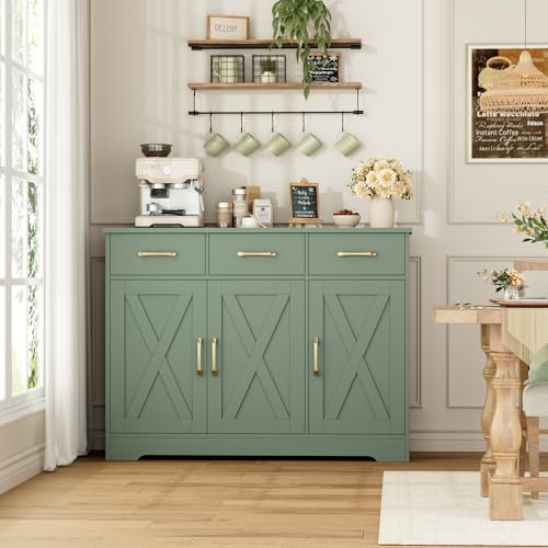 HOSTACK Modern Farmhouse Buffet Sideboard Cabinet, Barn Doors Storage Cabinet with Drawers and Shelves, Wood Coffee Bar with Storage for Dining Room, Kitchen, Living Room, Green - color: Green