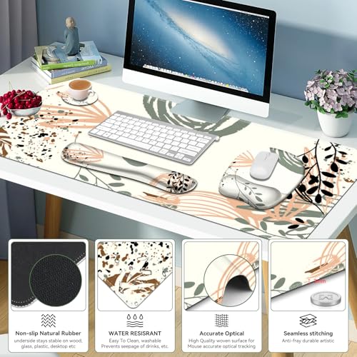 Large Mouse Pad with Wrist Support 4 in1 Set, XXL Big Game Mousepad + Keyboard Wrist Rest+Mouse Wrist Rest+Coaster Ergonomic Gaming Mat for Home Office Table Computer I Modern Boho Leaves - color: Modern Boho Leaves