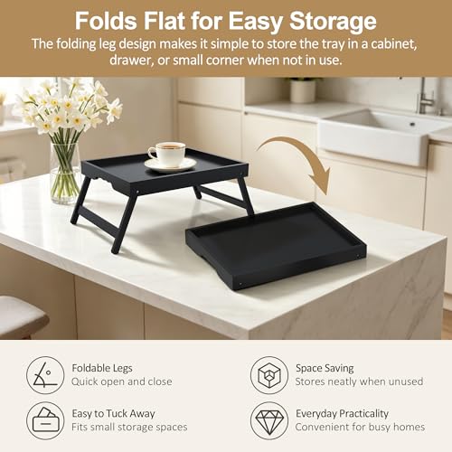 Large Breakfast Tray with Folding Legs Set of 2, 16.9" x 12.2" Bamboo Bed Tray Table with Ergonomic Wave Handles, Foldable TV Dinner Tray for Bed Couch Sofa, Breakfast, Laptop, Coffee, Black - color: Black, size: Large