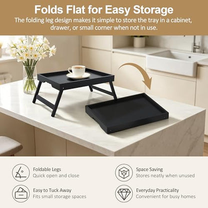 Breakfast Tray with Folding Legs Set of 2, Bamboo Bed Tray Table 15.7" Foldable TV Dinner Tray with Ergonomic Wave Handles for Bed Couch Sofa, Breakfast, Snacks, Coffee, Black - color: Black, size: Medium