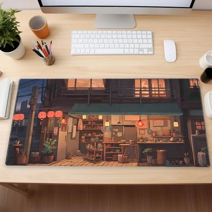 Extended Gaming Mouse Pad XL, Japanese Anime Desk Mat 31.5x15.7, Non-Slip | Beautiful large desk pad featuring a cozy retro Japanese street design. Elevates your aesthetic home office setup. - color: Warm and Cozy Store