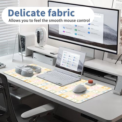 Cute Checkered Mouse Pad Large Desk Mat Extended Keyboard XL Mouse Pad Kawaii Mousepad with Non-Slip Base and Stitched Edge Daisy Mouse Mat Desk Pad 31.5 x 11.8 in Mouse Pads for Desk Home Office - color: Colorful Daisy Checkered