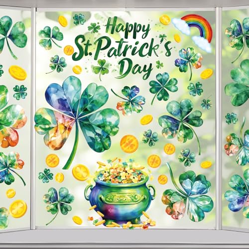 St Patricks Day Window Clings for Glass Windows Clover Shamrock Decorations | 8 Sheets Saint Patrick's Day Shamrock Decor Window Stickers for Irish Party Accessories Spring Holiday Decals for Glass Doors - color: St. Patrick's Day