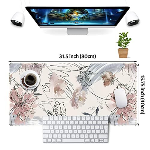 Desk Mat, Abstraction Hand Painted Flowers Extended Gaming Mouse Pad (31.5x15.75 in), Cute Large Non-Slip Rubber Base Mousepad with Stitched Edges, Keyboard Mouse Mat Desk Pad for Game Office - color: Vintage-farben Flowers