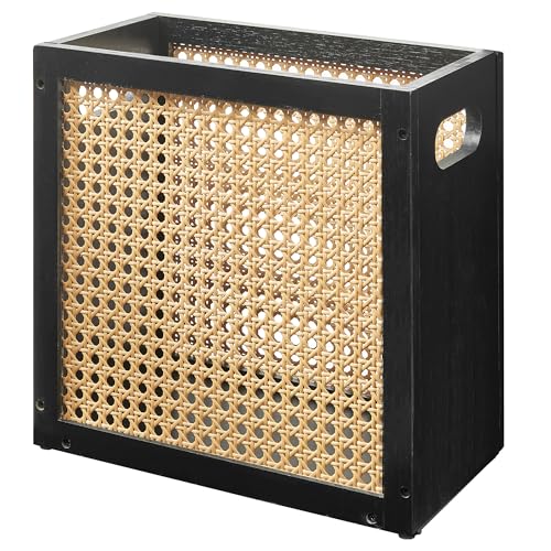 TIOPGHAD 3-Gallon Small Rattan Wicker Waste Basket Trash Can, Black & Oak | Bamboo Frame with Handles, 11.8x6.7x11.8 inches, Waterproof Coating, Ideal for Bathroom, Office and Bedroom - color: Black&Oak