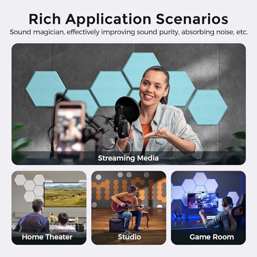 Self-Adhesive Acoustic Panels [390 lbs/yd³ Ultra-High Density], 2nd Generation Sound Absorbing Panel, Professional Level Sound Panel, Polyester Soundproof Foam [Medium Hexagon, Light Sky Blue] - color: Light Sky Blue, size: Medium Hexagon (12''x10''x0.4''