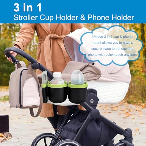 Accmor Stroller Cup Holder with Phone Holder, Bike Cup Holder, Universal Cup Holder for Uppababy Nuna Doona Strollers, 2-in-1 Cup Holder for Walker, Wheelchair, Scooter - color: Double Holder-Green