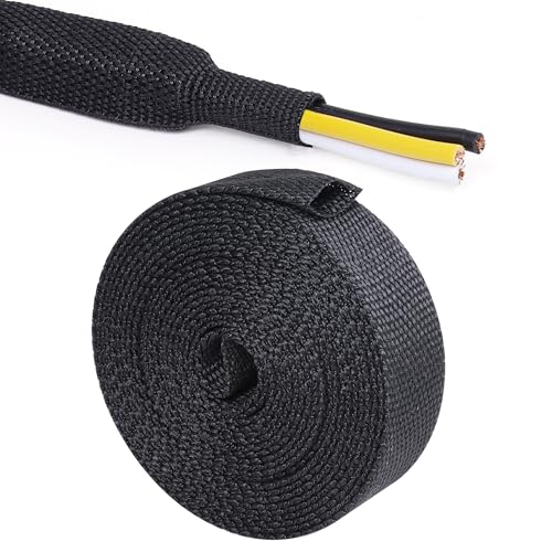 Black 2:1 Ratio Automotive Heat Shrink Braided Sleeving,Wear-Resistant Flat Woven Shrinkable Sleeve Fabric Car Cable Wires Hoses Protection (1/2"-50ft) - size: 1/2"-50ft