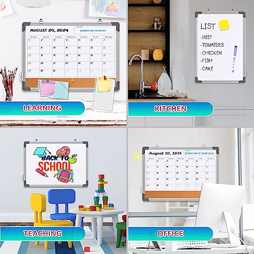 Monthly Calendar Whiteboard for Wall, 24x18 Inches Dry Erase Board with Cork Board Combo, Magnetic White Board, Double-Sided Hanging Portable Board for Office School Home Kitchen Planner Memo - style: Whiteboard 24x18 Silver