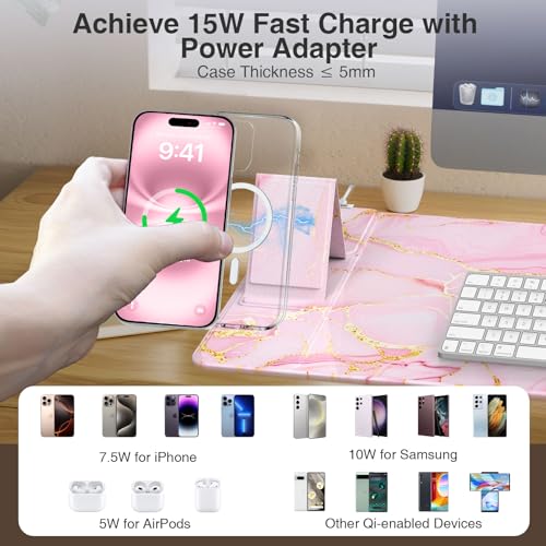 Wireless Charging Mouse Pad with Foldable Phone Holder, 31.5"x15.8" Large Desk Mat for Laptop/Keyboard, Waterproof Ultra-Smooth Surface, Non-Slip Base, Pink Marble - color: Pink Marble-31.5"x15.8"-Phone Holder
