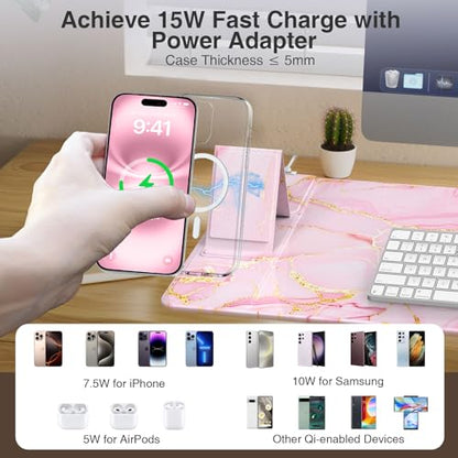 Wireless Charging Mouse Pad with Foldable Phone Holder, 31.5"x15.8" Large Desk Mat for Laptop/Keyboard, Waterproof Ultra-Smooth Surface, Non-Slip Base, Pink Marble - color: Pink Marble-31.5"x15.8"-Phone Holder