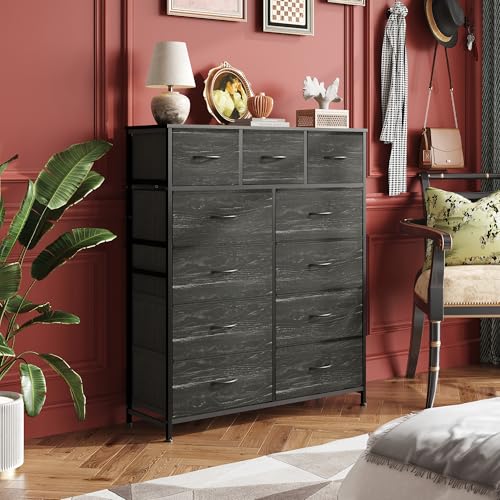 WLIVE Tall Dresser for Bedroom, Fabric Dressers Storage Tower, Dresser & Chest of Drawers with 11 Drawers, Storage Cabinet, Hallway, Closets, Steel Frame, Wood Top, Charcoal Black Wood Grain Print - color: Charcoal Black Wood Grain Print