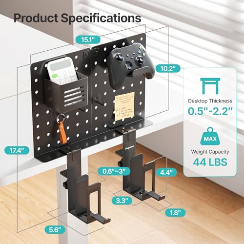 PEGZONE Clamp on Desk Pegboard Shelf, with 2-Slot Under Desk Laptop Holder | with Headphone Holder and Pegboard Accessories, Desk Side Storage for Office Gaming, Desk Organizer, Black
