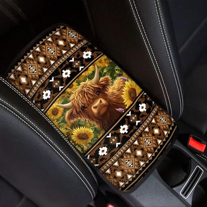 Wanyint Auto Center Console Pad, Easy to Install Armrest Cover, Car Accessories Fit Most Vehicles, SUV, Truck, Vans Sedans, Aztec Brown Highland Cow Sunflower - color: Aztec Brown Highland Cow Sunflower