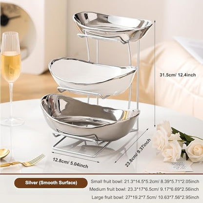 Gold Silver Fruit Bowl with Metal Stand, 3 Tier Ceramic White Fruit Bowl Fruit Rack for Kitchen Counter, Tiered Fruit Basket for Snacks Bread Candy Storage (Silver (Smooth Surface)) - color: Silver (Smooth Surface)