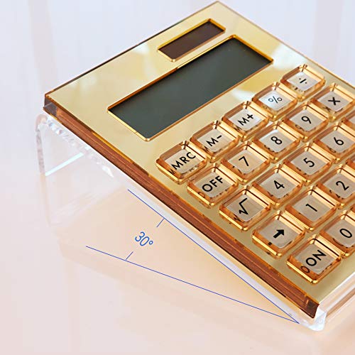 Acrylic Calculator with Stand, Battery and Solar Hybrid Powered Basic Calculator 12-Digit LCD Display,Home Office Desktop Accessories(Gold) - color: Gold