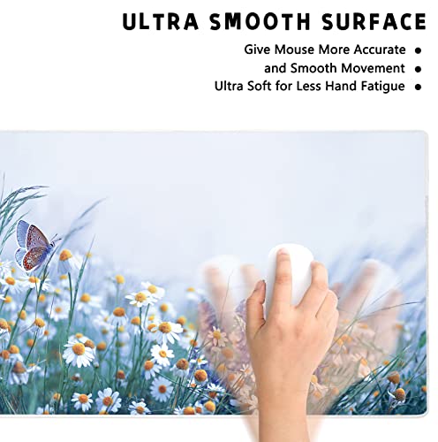 Extended Large Gaming Mouse Pad Wildflowers Chamomile and Butterflies XXL Size Keyboard Mouse Mat Desk Pad with Non Slip Rubber Base Stitched Edges Office Decor for Women Girls Men,35.4 x 15.7inch - color: chamomile and butterflies