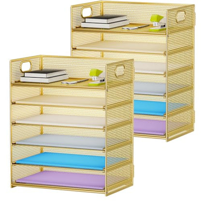 Marbrasse 2 Pack Desk Organizer with Handle, 6 Tier Paper Letter Tray, Mesh Desk File Organizer for Office, School and Home - Gold - color: Gold - 2p