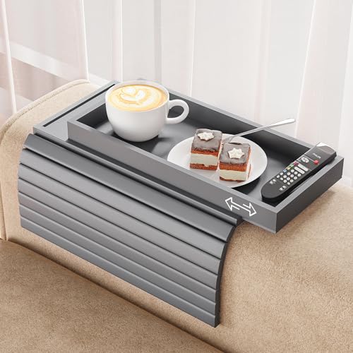 Bestjing Bamboo Sofa Armrest Tray Table for Couch - 2-in-1 Foldable Couch Arm Table with Be Slide Detachable Tray- Anti-Slip Sofa Armchair Caddy for Drinks Cellphone TV Remote Snacks(Gray) - color: Gray, size: 16.9" x 13.3" x 1.5"