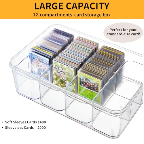 Portable Card storage box with 12 Removable Containers,Storage Box with lid for 2000+ Cards Fits for Standard Cards, TCG, PTG and Sport Cards, with 10 Soft Sleeves(clear,1pack)