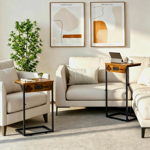 Vagusicc C Shaped End Tables Set of 2 with Charging Station, 33.2'' Tall C Table Adjustable Height Side Table, Small Side Table for Small Spaces, Couch Sofa Table TV Tray for Living Room, Rustic Brown - color: Rustic Brown (2 Pack), style: With Plug
