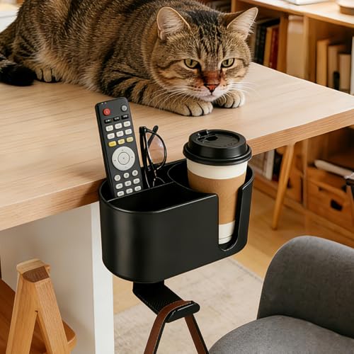 MYITYARD 4 in 1 Desk Cup Holder, Clamp On Drink Holder with Headphone Hanger, Anti-Spill Clip on Desk Organizer for Pen Phone Mug, Gaming Office Desk Accessories fits Most Desks - color: Black-2 with Headphone Hanger