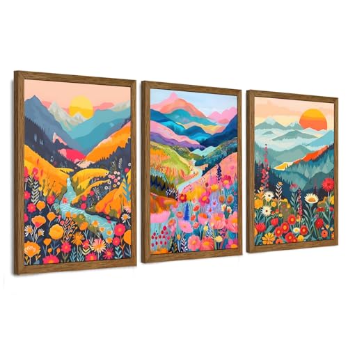 InspiredHues Colorful Mountain Boho Canvas Wall Art Set, 3 Piece Watercolor Flower Picture Wall Decor, Abstract Nature Landscape Artwork Prints for Living Room Bedroom Office 16x24 In Wood Framed - color: Mountain, size: 24"L x 16"W