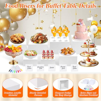 7Pcs White Acrylic Buffet Risers with Mini Sign and Marker, Food Display Risers for Party Catering Dessert Jewelry Collectibles,Acrylic Cube Nesting Boxes with Hollow Bottoms(8" 7.5" 7" 6.8" 6" 5" 5") - color: 8" 7.5" 7" 6.8" 6" 5" 5"
