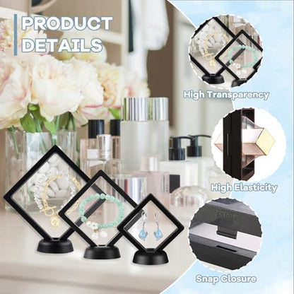 12Pcs 3D Floating Display Case Jewelry Storage Box, 2.7in Black | Clear Film, Plastic Frame, Challenge Coin Holder, For Shark Tooth Fossil Rock Gem Shell Butterfly Specimen - size: 2.7×2.7×0.8 inches