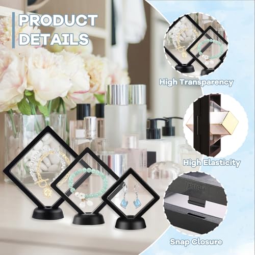 12Pcs 3D Floating Display Case Jewelry Storage Box, 4.3in Black | Clear Film, Plastic Frame, Challenge Coin Holder, For Shark Tooth Fossil Rock Gem Shell Butterfly Specimen - size: 4.3×4.3×0.8 inches