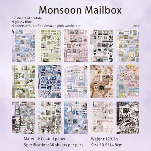 Japanese Sticker Book - 30 Sheet Sticker Book for Journaling & Scrapbooking | Glossy, Matte & Textured | No Halo Cut | Monsoon Postbox or Prayer Board Supplies-Vision Board Supplies - color: Monsoon