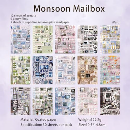 Japanese Sticker Book - 30 Sheet Sticker Book for Journaling & Scrapbooking | Glossy, Matte & Textured | No Halo Cut | Monsoon Postbox or Prayer Board Supplies-Vision Board Supplies - color: Monsoon
