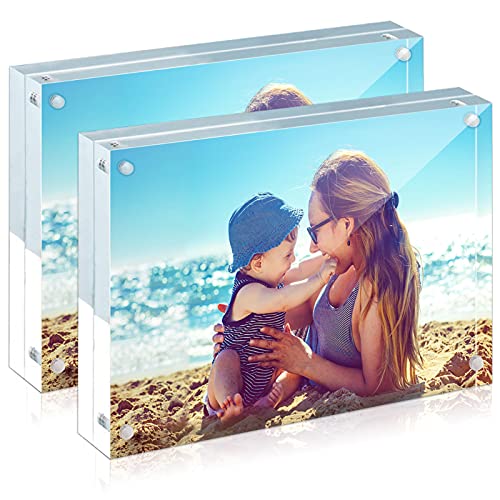 HELPLEX Acrylic Frames, 2 Pack 5x7, 24mm Thicker Frameless Clear Picture Frame, Double Sided Magnetic, Free Standing Desktop Display - size: 5x7(2 PACK)