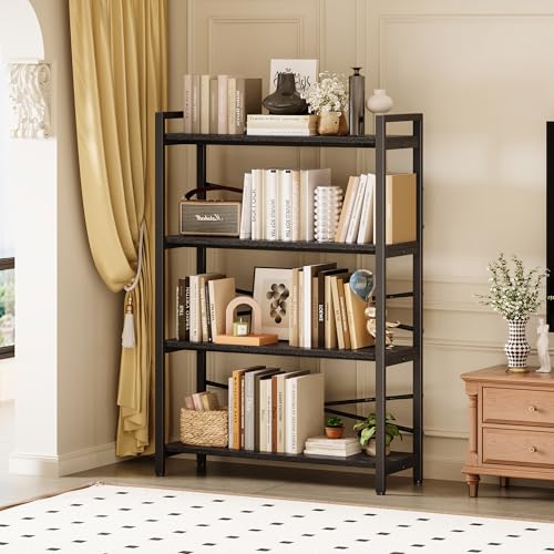 4 Tier Bookshelf 31.49" Width, Tall Book Shelf Storage and Organization, Wooden and Metal Industrial Bookcase, Large Book Shelves for Home Living Room Bedroom Office Storage(Black) - color: Black, size: 4 Tier - 31.5" W