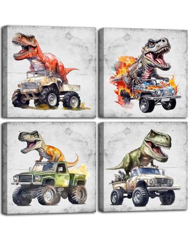 4Pcs Dinosaur Truck Nursery Canvas Wall Art Funny Vintage Boys Room Poster Prints Cool Truck Pictures Retro Dino Wall Decor for Kids Room Playroom Bedroom Home Decoration 12x12 in Framed - color: Dinosaurs Canvas, size: 12"L x 12"W