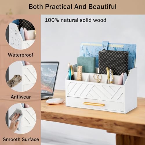 dreampossible white Wood Desk Organizer and Accessories with Drawer, Bill Mail Organizer and File Mail Holder for Office Supplies, Modern Desk Accessories & Workspace Organizers for Desk Organization - color: White A