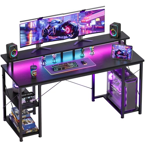 ODK 55 inch Gaming Desk with LED Lights & Power Outlets, Computer Desk with Monitor Stand & Storage Shelves, CPU Stand, Home Office Desk, Black - color: Black, size: 55 inches