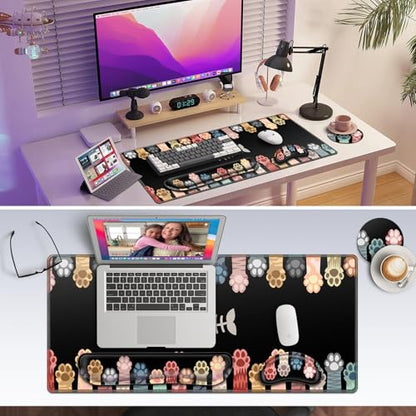 Canjoy Cute Cat Paws Mouse Pad Set, 4-in-1 XXL Large Mouse Pad + Keyboard Wrist Rest Support+ Coaster, (35.4×15.7 in) Extended Desk Pad Memory Foam Non-Slip Desk Mat for Home Office - color: Cat Paws