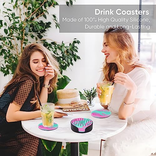 6 Pack Rubber Drink Coasters Plastic Coaster with Holder, Silicone Cup Mat | Coasters for Drinks Non-Stick Outdoor Plastic Coasters Set Thickened Hot- Cold Drink Fits Any Cups Table Rubber Glass Coaster - color: Green Pink-plastic Holder