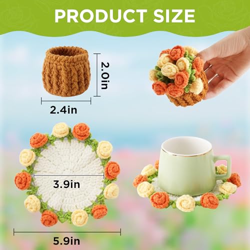 Flower Crochet Coasters, Handmade Bouquet Blanket Coaster with Crochet Plant Pot Fun Soft Decorative Drink Coasters for Coffee Tabletop Protection and Home Decor (Orange and Yellow, 1Pc) - color: Orange and Yellow, size: 1Pc