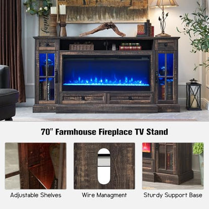 RedLemon Farmhouse Fireplace TV Stand for 80 Inch TV, 36" Tall Entertainment Center with 42" Crystal Eletric Fireplace, Modern Media Console Table with LED Lights for Living Room, Dark Rustic Oak - color: Dark Rustic Oak