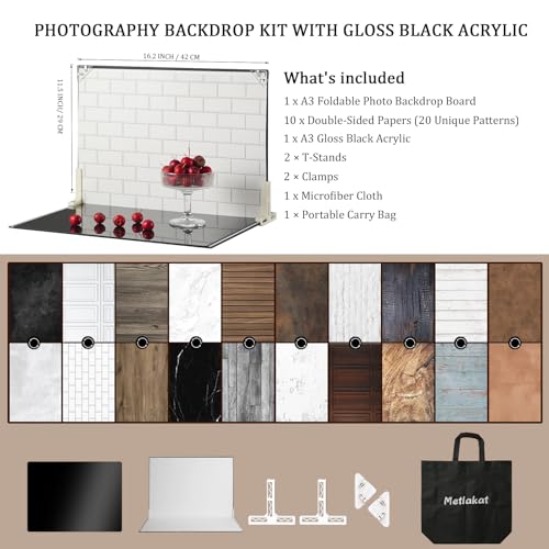 Food Photography Backdrops with Gloss Black Acrylic, 10 Pcs 20 Patterns Photo Backdrop Board, Waterproof Tabletop Small Shooting Kit for Creator, Metlakat