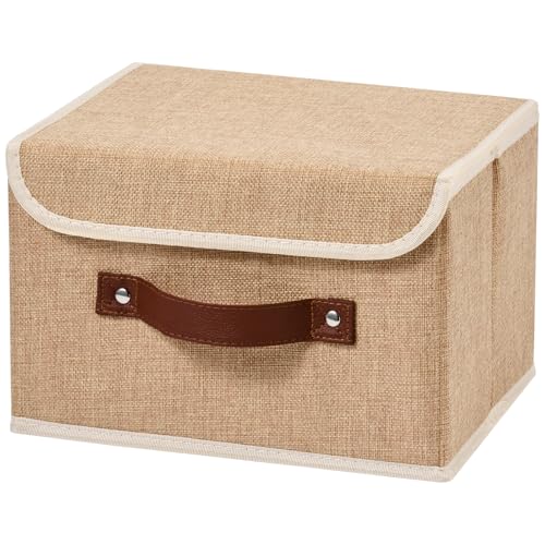Storage Boxes with Lid Cotton Linen Fabric Storage Bins Organizer Container Decorative Collapsible Washable Shelf Baskets Faux Leather Handles for Home Bedroom Closet (Linen, Small) - color: Linen, size: Small (Set of 1)