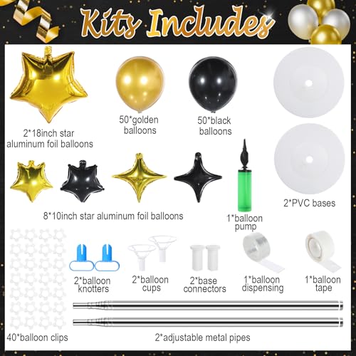Gejoy 110 Pcs Black Gold Balloons Column Stand Kit Adjustable Tower Stand from 1.4 to 6.6 ft with Bases for Back to School Wedding Birthday Baby Shower Party - color: Black Gold